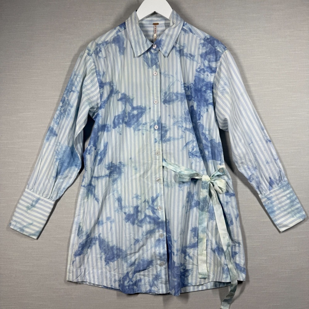 Free People Dress Womens XS Blue Striped Clouds Bow Tie Dress Shirt Nola Wrap